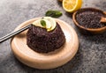 Cooked Thai black jasmine rice with chia seeds, lemon, sesame on concrete grey  background Royalty Free Stock Photo