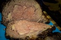 Cooked two bone standing rib beef roast on cutting board sliced - selective focus Royalty Free Stock Photo