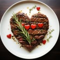 cooked USDA beef steak in a heart shaped on white plate Royalty Free Stock Photo