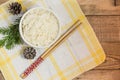 Cooked white rice, rice in bowl with chopsticks on the wood back Royalty Free Stock Photo