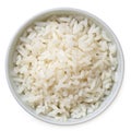 Cooked white rice in a white ceramic bowl isolated on white from above Royalty Free Stock Photo