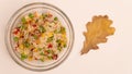 Cooked white rice with colorful vegetables in glass bowl, top view. Royalty Free Stock Photo