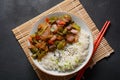 Cooked white rice mixed with fried vegetables onion, carrot, green peas, corn,  beans Royalty Free Stock Photo