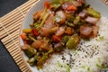 Cooked white rice mixed with fried vegetables onion, carrot, green peas, corn,  beans Royalty Free Stock Photo