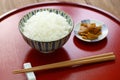 Cooked white rice with pickled radish, japanese food