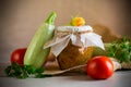 Cooked zucchini caviar with tomatoes in a glass jar,.