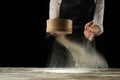 Cookery.Chef prepares dough for pasta, pizza, bread.Preparation and work with flour. Delicious food, recipes, cooking, gastronomy