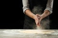 Cookery.Chef prepares dough for pasta, pizza, bread.Preparation and work with flour. Delicious food, recipes, cooking, gastronomy