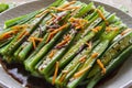 Steamed Green seed pods of Okra with soy sauce, Abelmoschus esculentus, ladies fingers close up