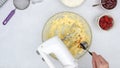 Cookie batter in a glass bowl. Mixing butter, sugar, and vanilla extract. Christmas shortbread cookies Royalty Free Stock Photo