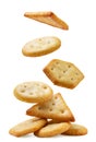 Cookie crackers fall on a pile close-up on a white. Isolated Royalty Free Stock Photo