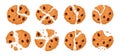 Cookie crumbs. Cartoon chocolate chip biscuits with crumbs. Homemade chocolate oatmeal cookies flat vector illustration set. Tasty
