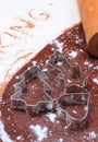 Cookie cutters and rolling pin on dough for cookies and gingerbread Royalty Free Stock Photo