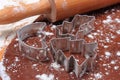 Cookie cutters and rolling pin on dough for gingerbread Royalty Free Stock Photo