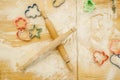 Cookie cutters, rolling pin and flour on table Royalty Free Stock Photo