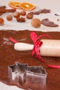 Cookie cutters, rolling pin and ingredients for baking gingerbread, Christmas time concept Royalty Free Stock Photo