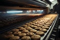 Cookie factory magic a conveyor line crafts delectable chocolate treats with precision