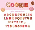 Cookie hand drawn decorative font. Cartoon sweet ABC letters and numbers. For birthday or Valentines day cards, cute design for gi