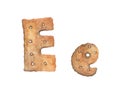 Cookie letter E on white background. Cookie font. Food sign ABC