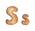 Cookie letter S on white background. Cookie font. Food sign ABC