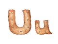 Cookie letter U on white background. Cookie font. Food sign ABC