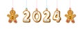 Cookie numerals hanging in phrase 2024 in cartoon style. Sweet biscuit in shape of christmas gingerbread man in new year