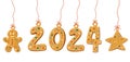 Cookie numerals hanging in phrase 2024 in cartoon style. Sweet biscuit in shape of christmas gingerbread man and star