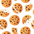 Cookie pattern. Cartoon wallpaper with cute chocolate biscuit pieces and chips. Sweet dessert seamless texture. Yummy