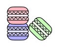 Cookie sandwich. Red, purple, green. Macaroons are stacked in a pyramid. Cartoon style Royalty Free Stock Photo