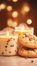 Cookie-scented handmade candles. Cozy photo on a wooden background. AI
