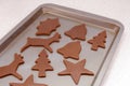 Cookie sheet with uncooked festive gingerbread biscuits Royalty Free Stock Photo