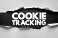 COOKIE TRACKING bold phrase exposed through torn background. Symbolic of website tracking, analytics, data collection, privacy Royalty Free Stock Photo
