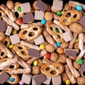 Cookie, waffle and multicolored candy mix. Top view