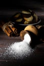 Cookies and barrel small with sugar on a dark wooden background Royalty Free Stock Photo