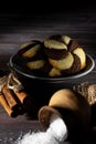 Cookies and barrel small with sugar on a dark wooden background Royalty Free Stock Photo