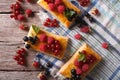 Cookies with berries, honey and mint. horizontal top view closeu