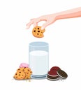 Cookies biscuit and fresh milk, hand dipping cookie choco chips to milk in glass. cartoon illustration vector isolated in white ba