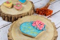 Buttery cookie, decorated with rolling fondant and royal icing. on a wooden trunk board Royalty Free Stock Photo