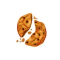 Cookies with chocolate chips broken in half. Freshly baked bitten cookies. Vector cartoon illustration. Royalty Free Stock Photo