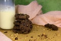 Cookies with chocolate granules served with a glass of milk are very appropriate served as morning snacks, have a lot of protein, Royalty Free Stock Photo