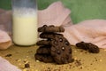 Cookies with chocolate granules served with a glass of milk are very appropriate served as morning snacks, have a lot of protein, Royalty Free Stock Photo