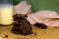 Cookies with chocolate granules served with a glass of milk are very appropriate served as morning snacks, have a lot of protein, Royalty Free Stock Photo