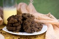 Cookies with chocolate granules served with a glass of milk are very appropriate served as morning snacks, have a lot of protein, Royalty Free Stock Photo