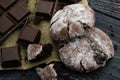 Chocolate cookies and chocolate on wooden table and textile Royalty Free Stock Photo