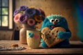 Cookies and coffee cup on the burlap rustic table, super cute furry blue monster with adorable big eyes, Royalty Free Stock Photo