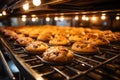 Cookies on a conveyor belt, food factory operates a production line, processing sweets, bakery