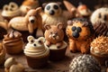 Cookies, cupcakes and muffins in the form of different animals. Baking for children.
