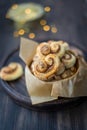 Cookies, curlicues, pretzels of puff pastry with sugar and cinnamon