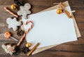 Cookies in the form of Christmas trees, gingerbread man on a brown background, a place for the inscri