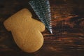 Cookies form of mittens and Christmas tree on wooden background.